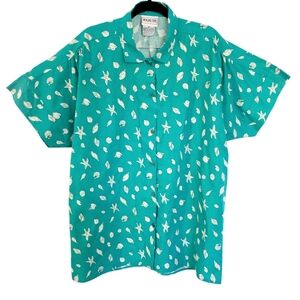 Vintage Perspective Oversized Cotton Seashells Print Button Down Shirt 40 XL
